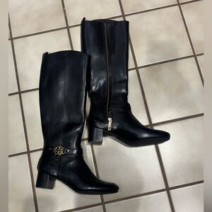 Tory Burch Black Heeled Boots with Gold Accents